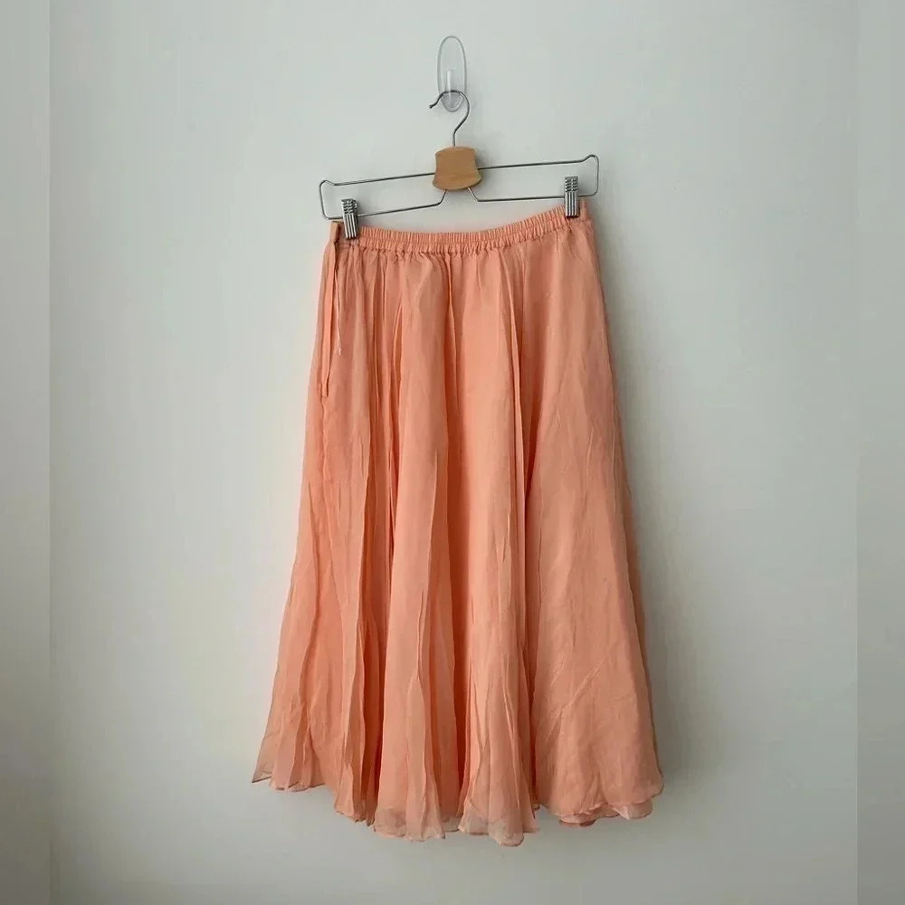 Vintage Silk Chiffon Midi Skirt Peach Flowy Romantic Cottagecore Balletcore - Picture 5 of 12
